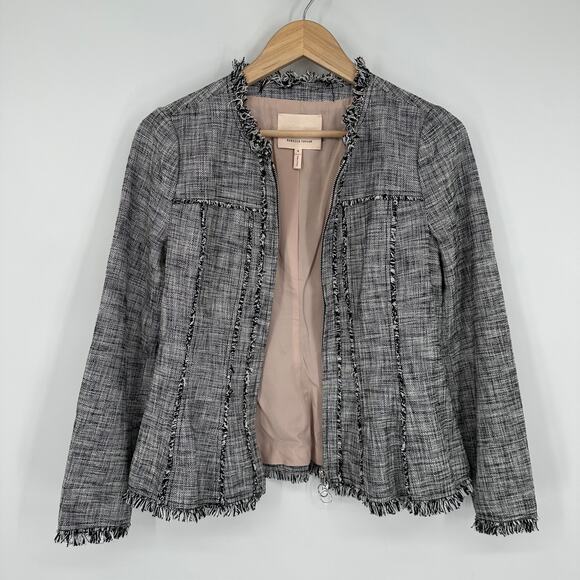 Rebecca Taylor Tweed Fringe Trim Peplum Blazer Raw Edge Trim Collarless Jacket - Picture 7 of 13